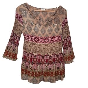 Nicola Womens Boho Chic Mixed Print Pleated Beaded Bell Sleeves Blouse Medium